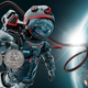 A GameStop NFT astronaut tries to grasp two quarters while orbiting Earth.